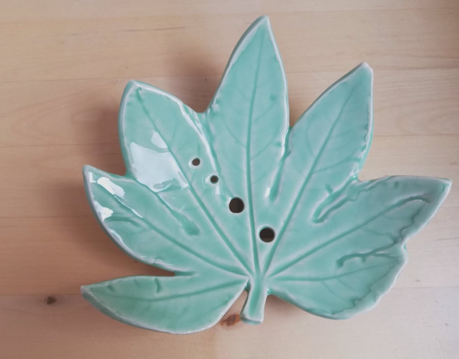 Ceramic leaf soap dish, handmade green glazed pottery gift soap holder