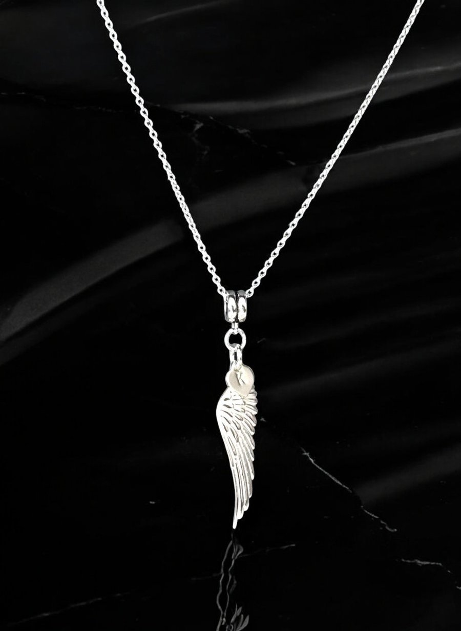 Sterling Silver Angel Wing  Heart Necklace, Personalised Heart Pendant
