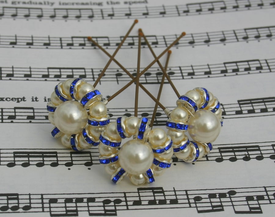 Ivory Pearls & blue swarovski hair pins Brides, Bridesmaids, Proms, set of 3