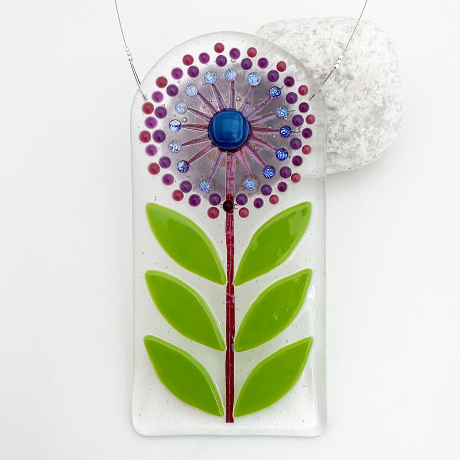 Purple Fused Glass Retro Allium Hanging - Handmade Glass Suncatcher