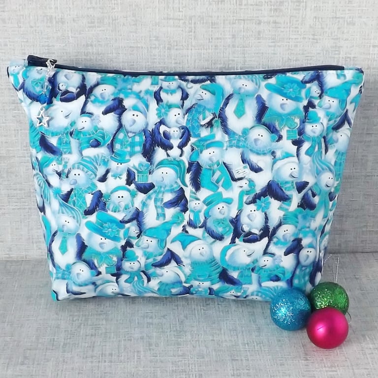 Large zipped pouch, project bag, cosmetic bag, snowmen