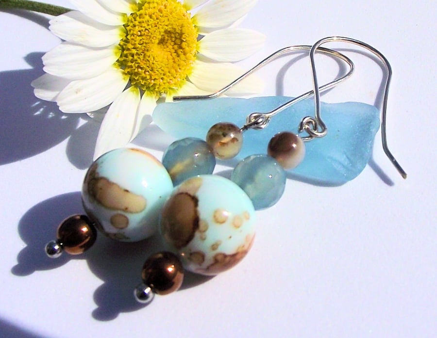 SALE Turquoise earrings glass agate semi precious gemstone