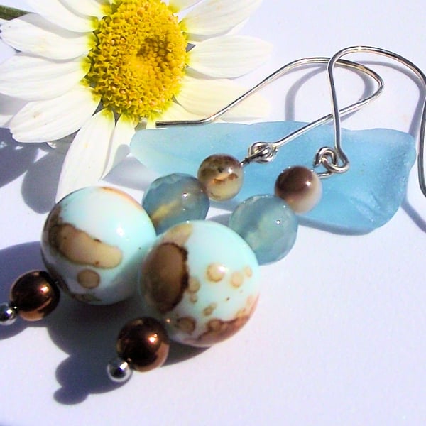 SALE Turquoise earrings glass agate semi precious gemstone