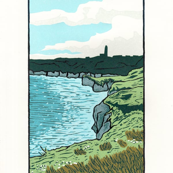 Flamborough Cliffs Linocut Print - Landscape Lino Print - Handmade Artwork