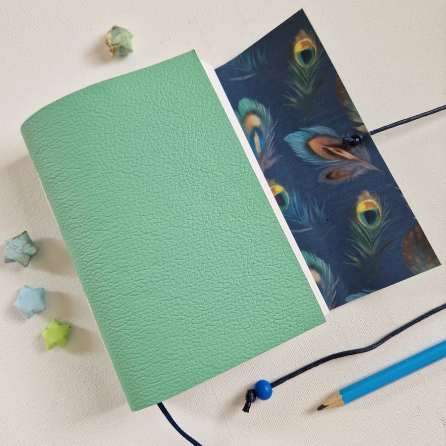Green Leather Feather Journal or Sketchbook, Bird Lover Gift, A6