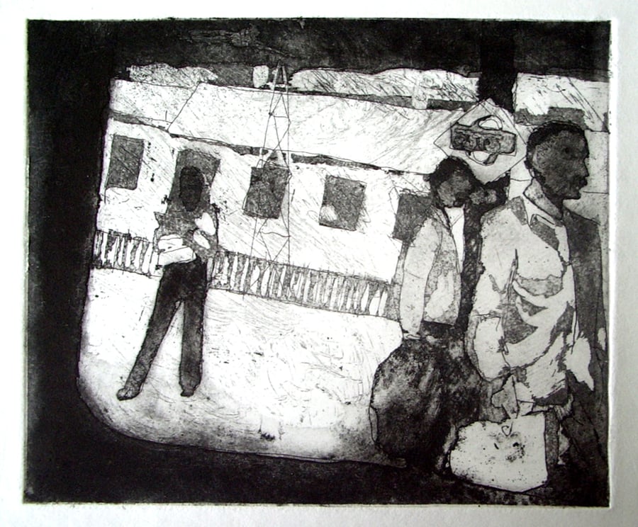 View of the Platform, Black and white etching with aquatint, Indian Railways