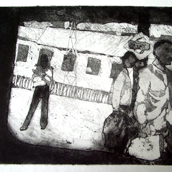View of the Platform, Black and white etching with aquatint, Indian Railways