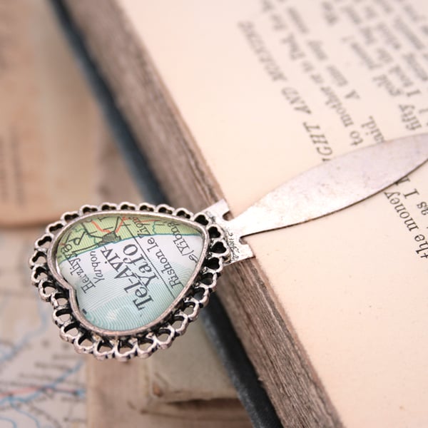 Custom Map Bookmark in Heart Shape silver colour 