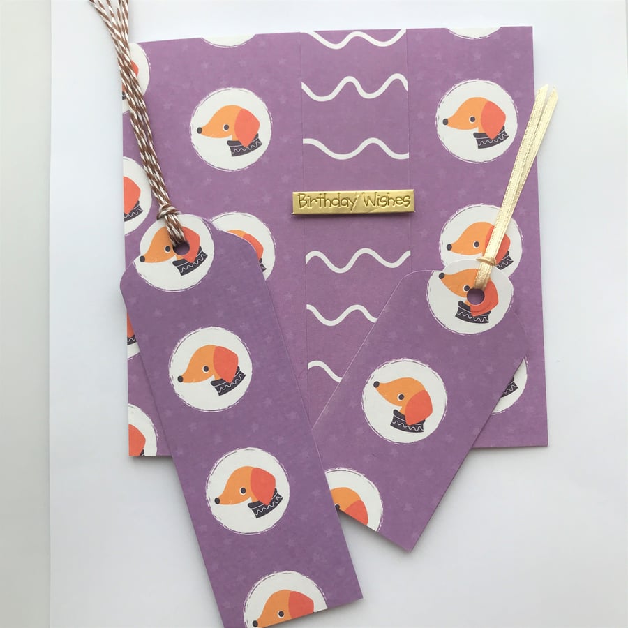 SALE Handmade Dachshund birthday dog card 6x6 ins Gift tag matching bookmark 
