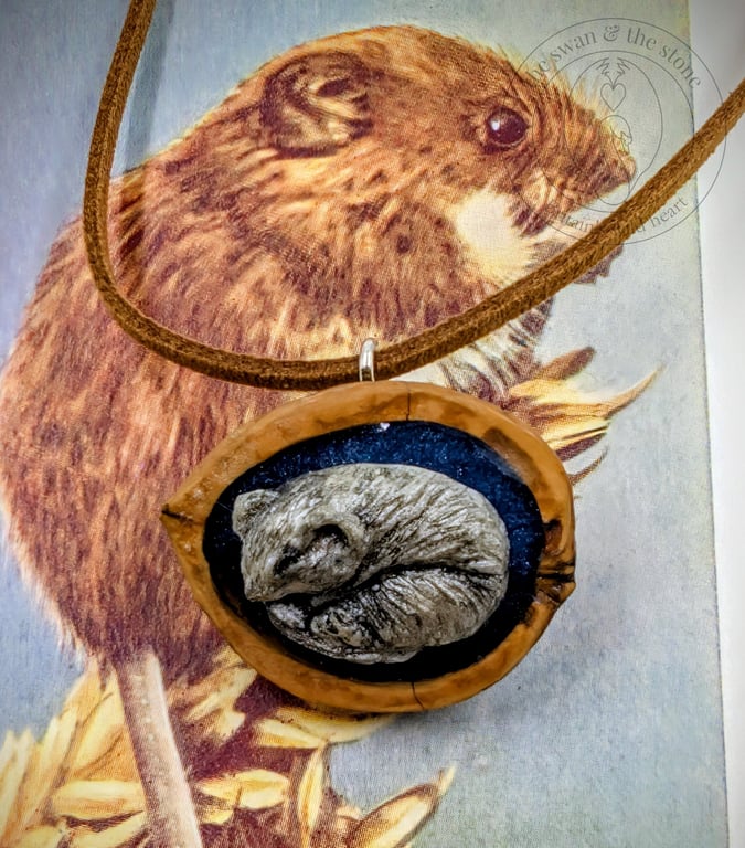 Handmade Dormouse Wildlife Pendant - Cast in Silver Resin, Polished Walnut Shell