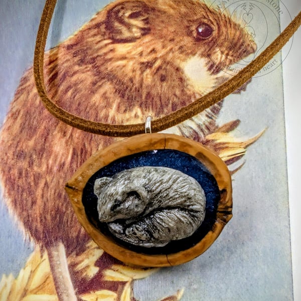 Handmade Dormouse Wildlife Pendant - Cast in Silver Resin, Polished Walnut Shell