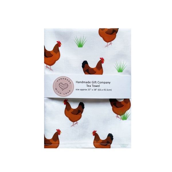 Fabric Handmade Pretty Cotton Tea Towel with a Hen Design in White