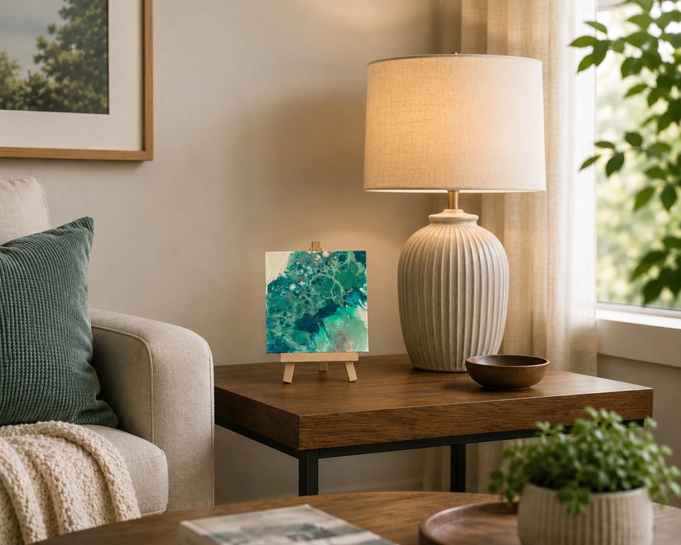 Easel mounted acrylic painted canvas in greens and blues