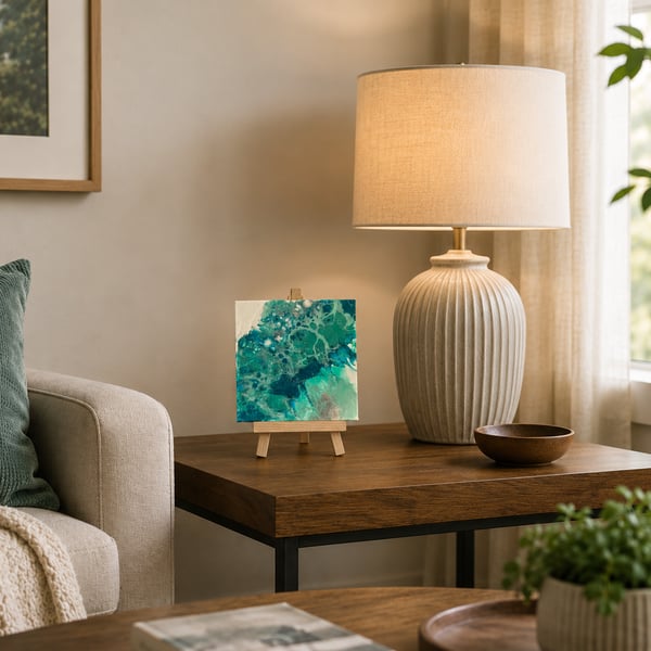 Easel mounted acrylic painted canvas in greens and blues