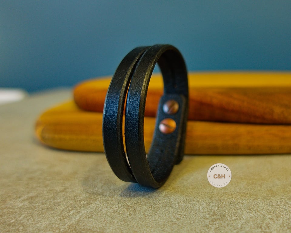 Handmade Full Grain Leather Bracelet - 16mm Black Split Design, Sam Browne Studs