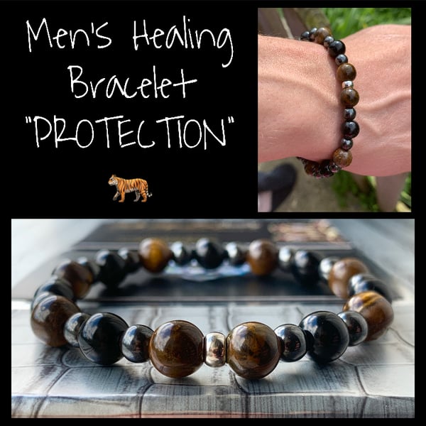 MENS Powerful Protection Bracelet! Healing Tigers Eye Hematite Black Onyx