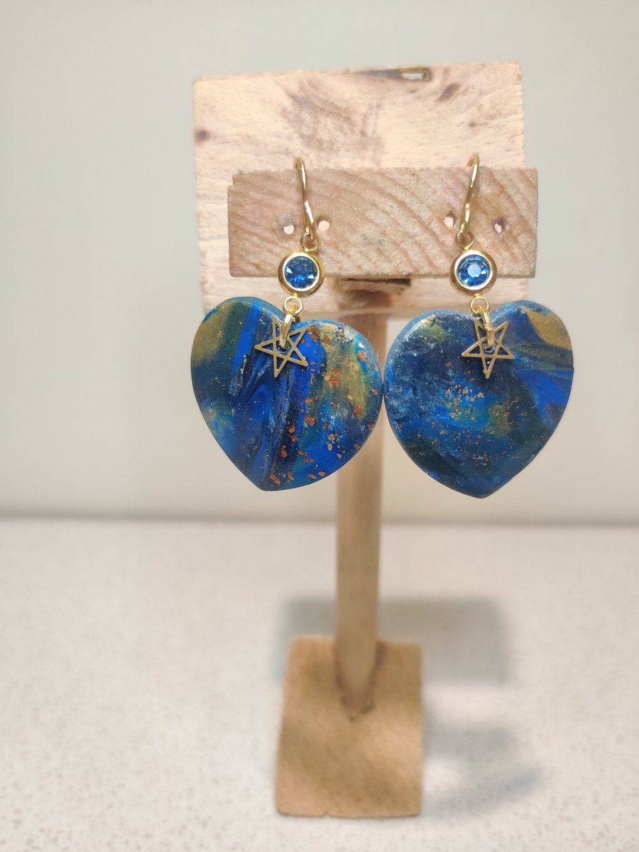 Blue galaxy space heart earrings 