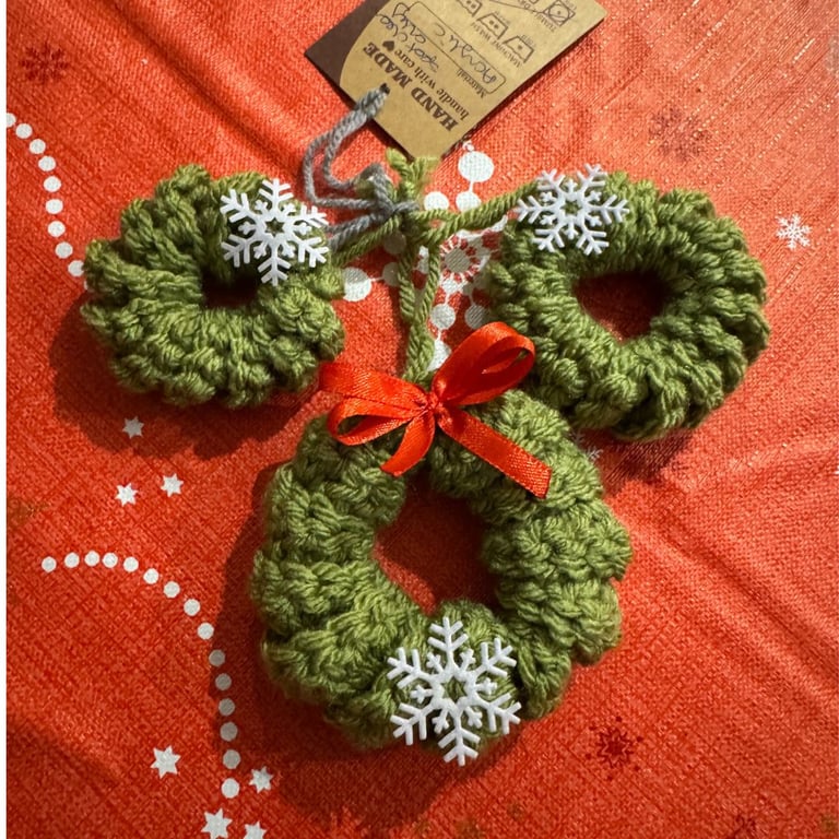 Set of Three Green Crochet Mini Christmas Wreaths 