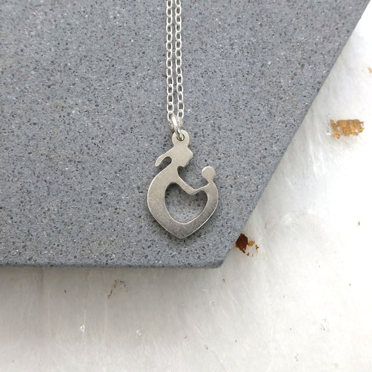Recycled Sterling Silver Mother And Child Necklace – Handcrafted Heart Pendant