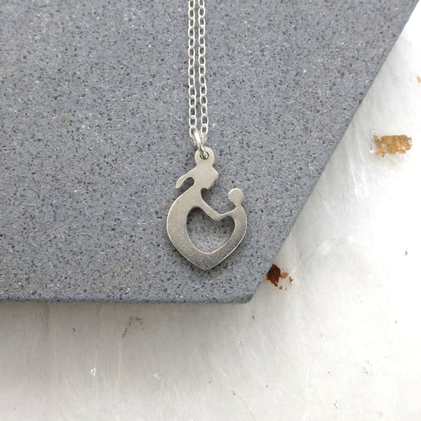 Recycled Sterling Silver Mother And Child Necklace – Handcrafted Heart Pendant
