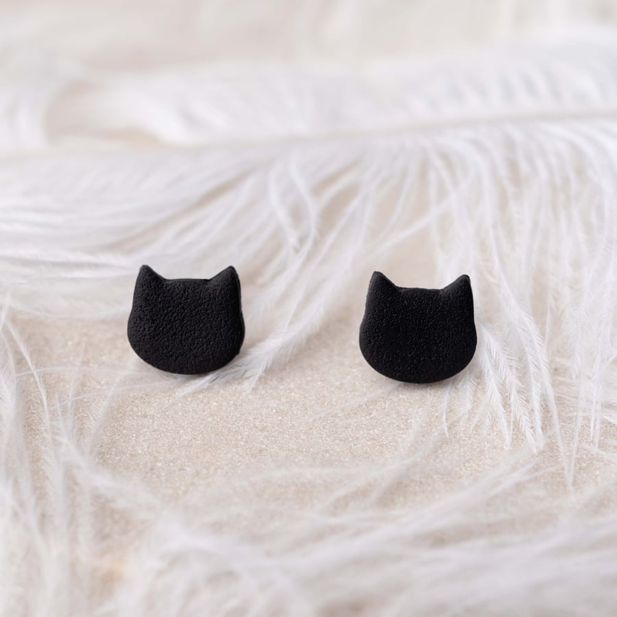 black cat polymer clay earrings - handmade - lightweight studs - halloween earri