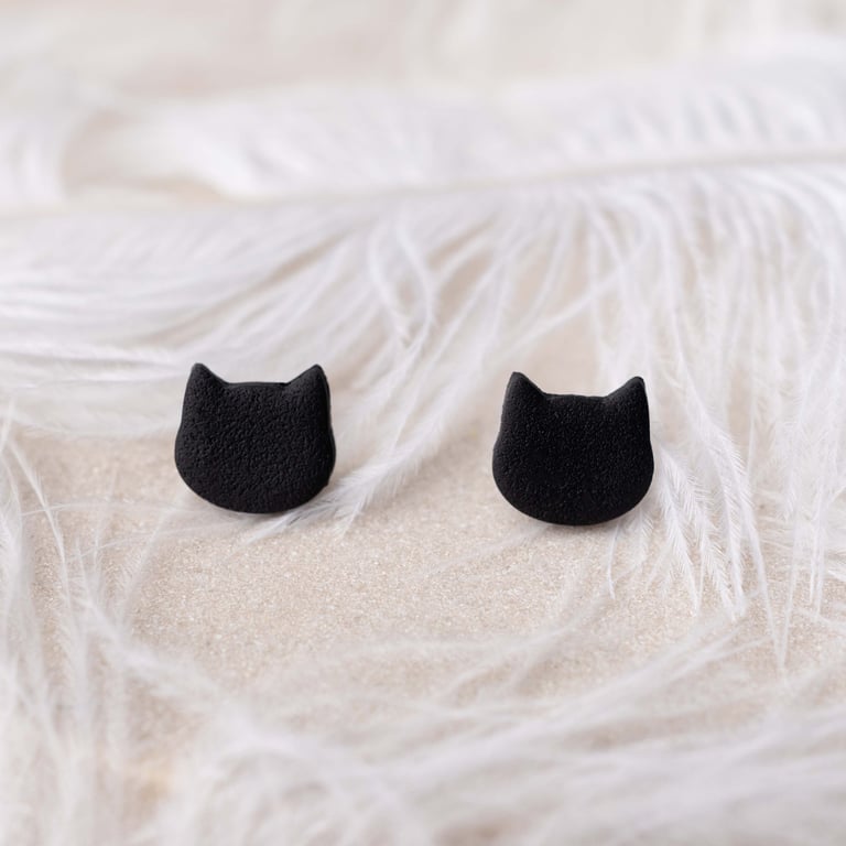 black cat polymer clay earrings - handmade - lightweight studs - halloween earri
