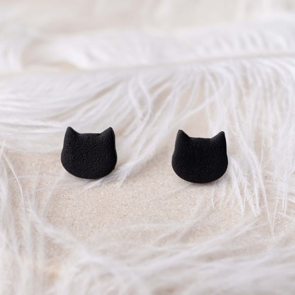 black cat polymer clay earrings - handmade - lightweight studs - halloween earri