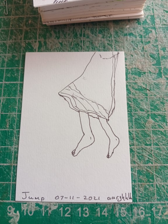 Pen illustration ACEO scribble style original art jumping girl