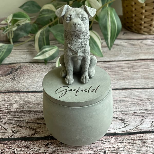 Small personalised concrete jack russell terrier urn