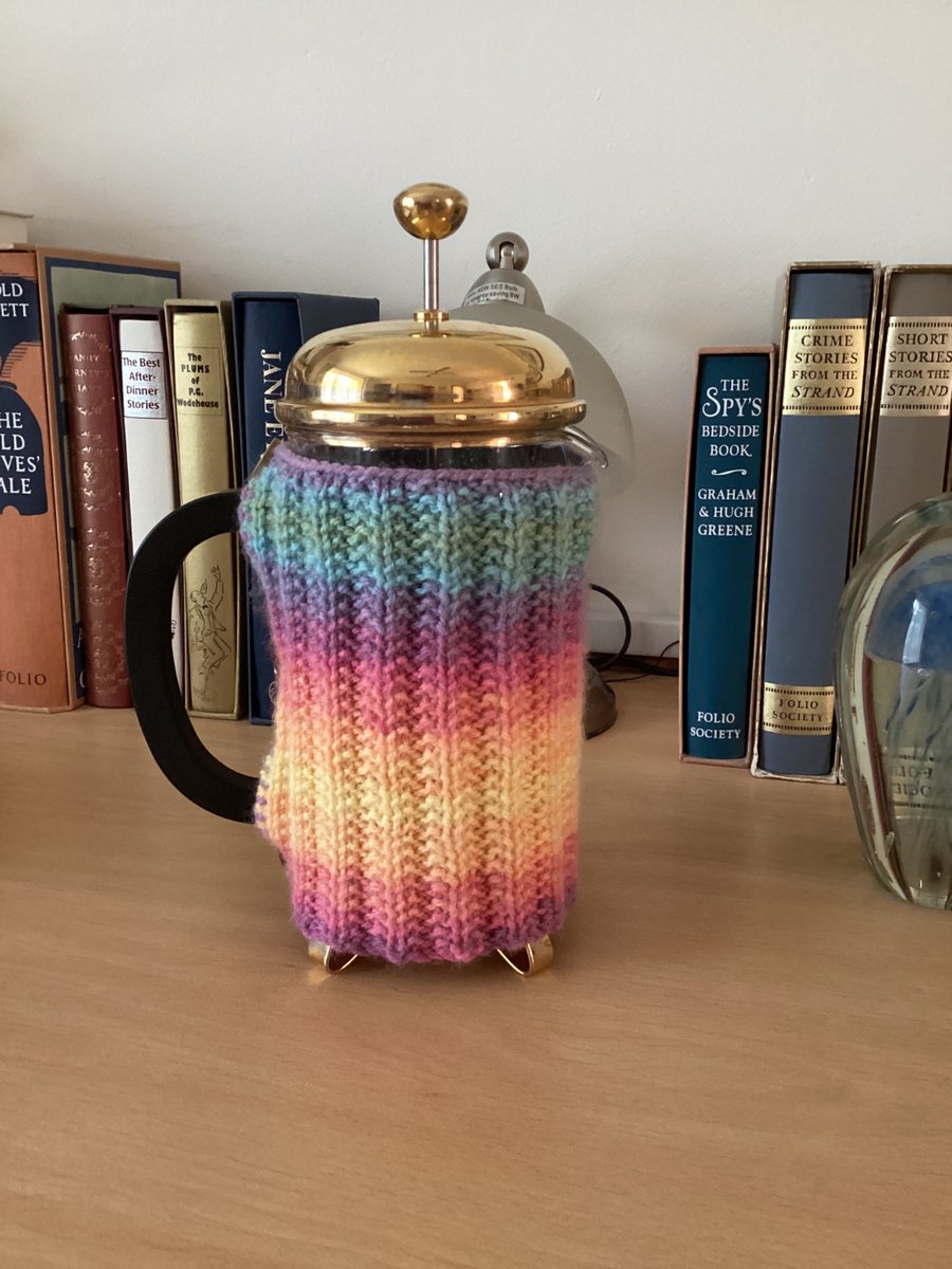 HAND KNITTED CAFETIERE COSY FOR A 1 LITRE POT IN MULTICOLOURED YARN