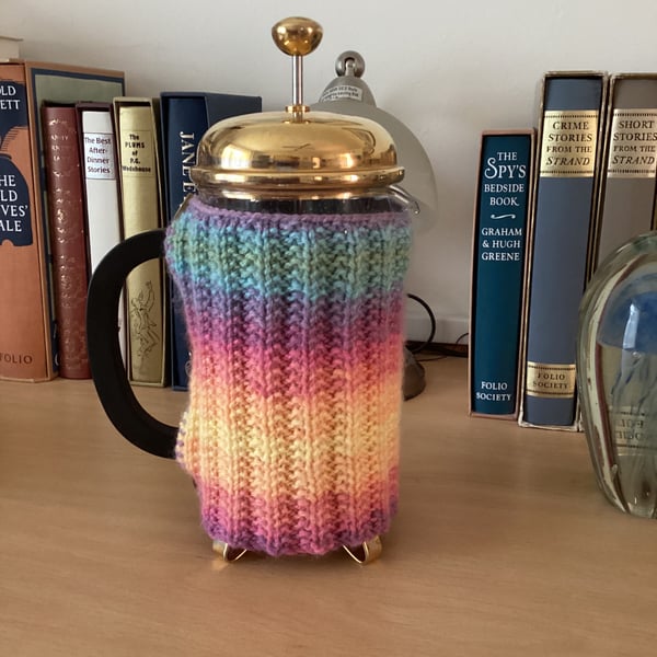 HAND KNITTED CAFETIERE COSY FOR A 1 LITRE POT IN MULTICOLOURED YARN