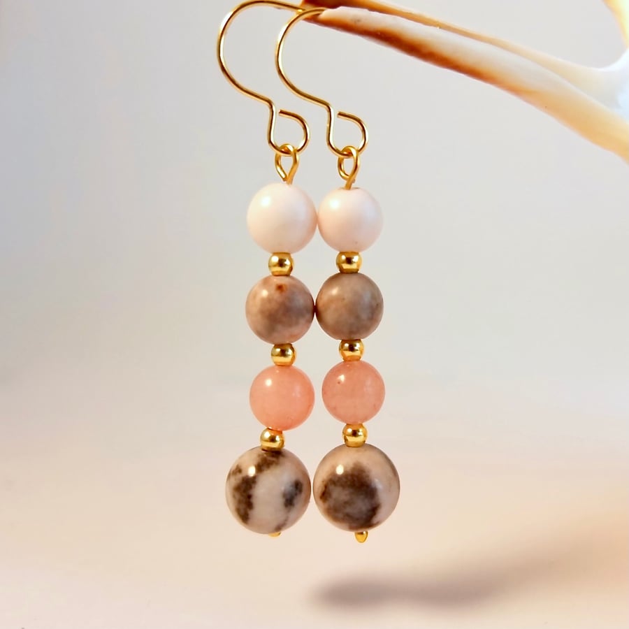 Pink Zebra Jasper And Pink Opal Earrings - Handmade In Devon - Free UK Delivery.