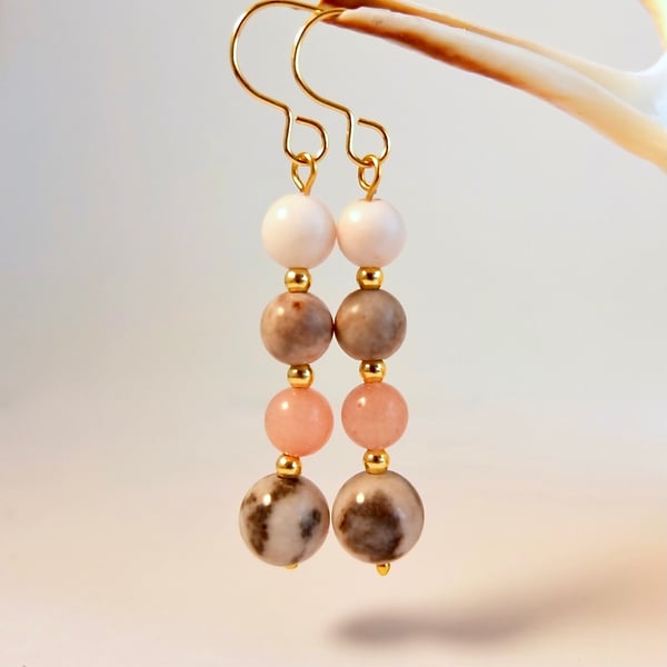 Pink Zebra Jasper And Pink Opal Earrings - Handmade In Devon - Free UK Delivery.