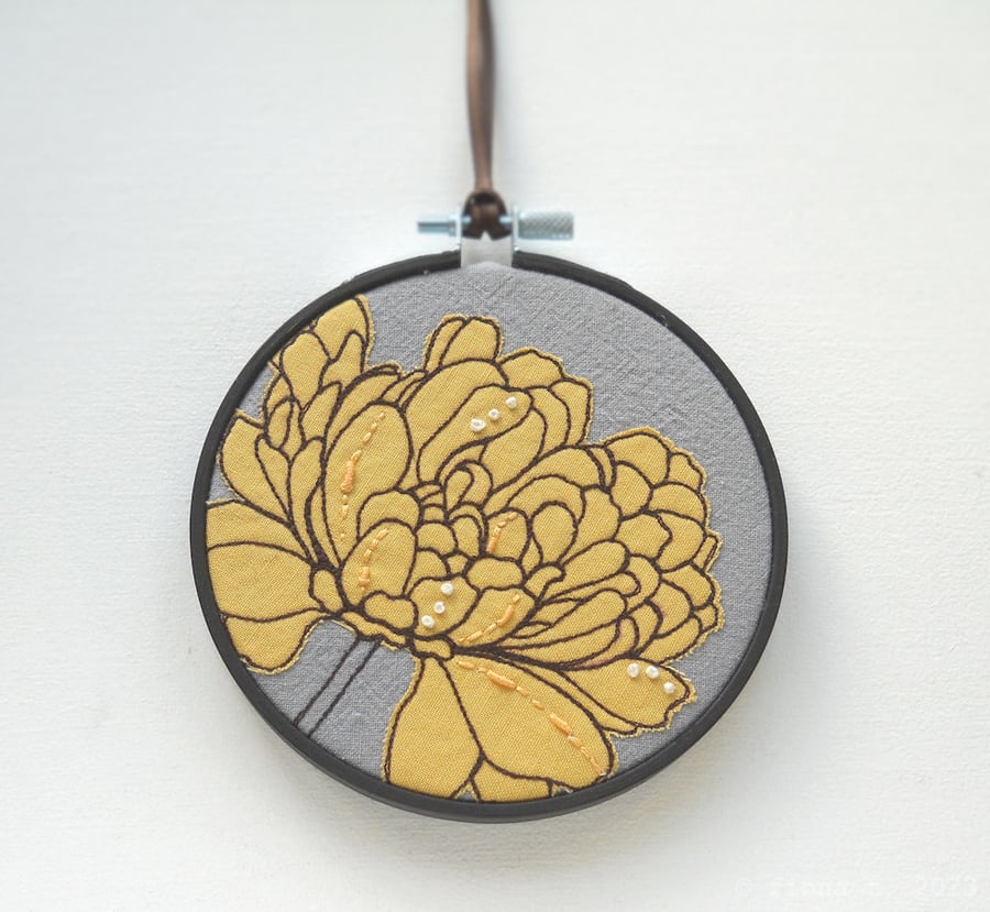 free motion and hand embroidered floral textile hoop original art yellow