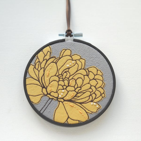 free motion and hand embroidered floral textile hoop original art yellow