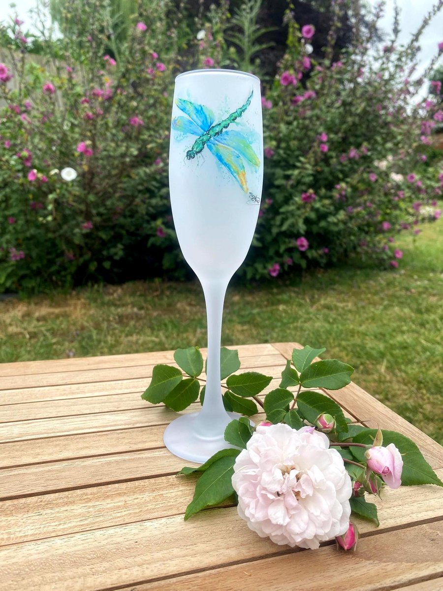 Dragonflies Blue Watercolour Motif, Frosted Glass Champagne Flute, Prosecco Glas