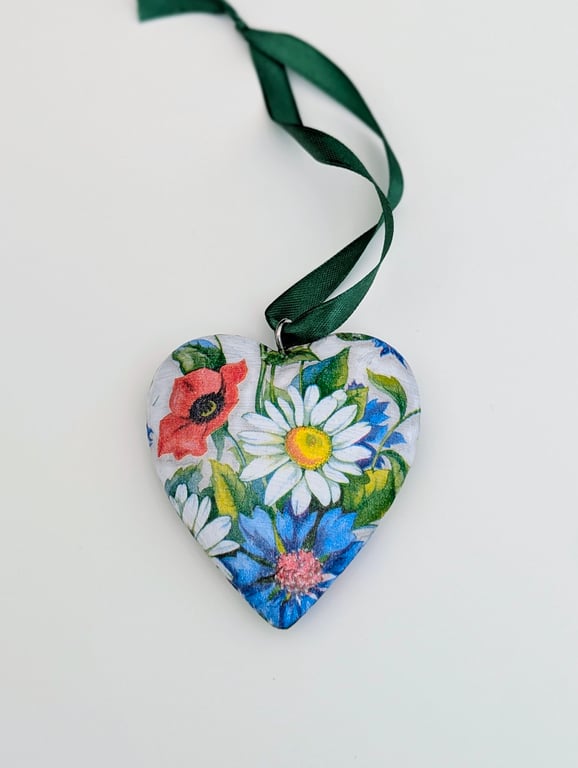 Mother's day gift, floral wooden heart hanging decoration,  summer flowers