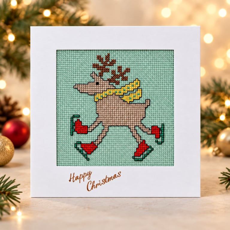 Handmade Cross-Stitch Christmas Card – Ice Skating Reindeer