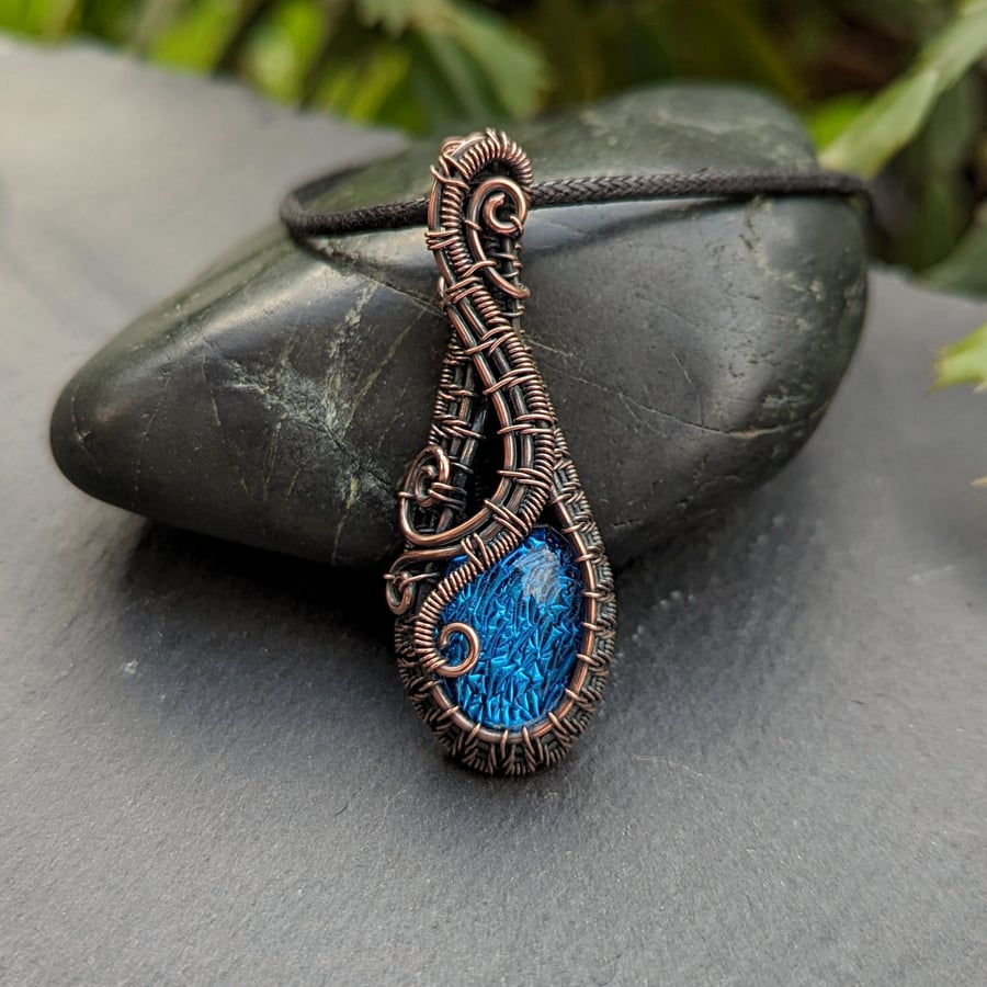 Copper Wire Wrapped Long Teardrop Pendant with Blue Dichroic Glass - OOAK