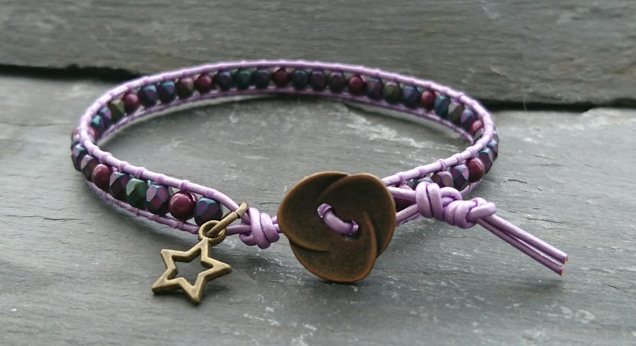 Lilac leather, purple glass bead and Swarovski faux glass pearl bracelet