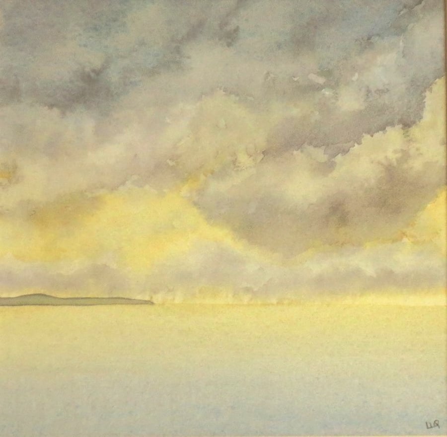 Watercolour coastal painting sea and cloudy sky at sunrise