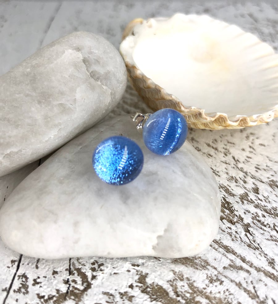 Blue Glass and Silver Stud Earrings