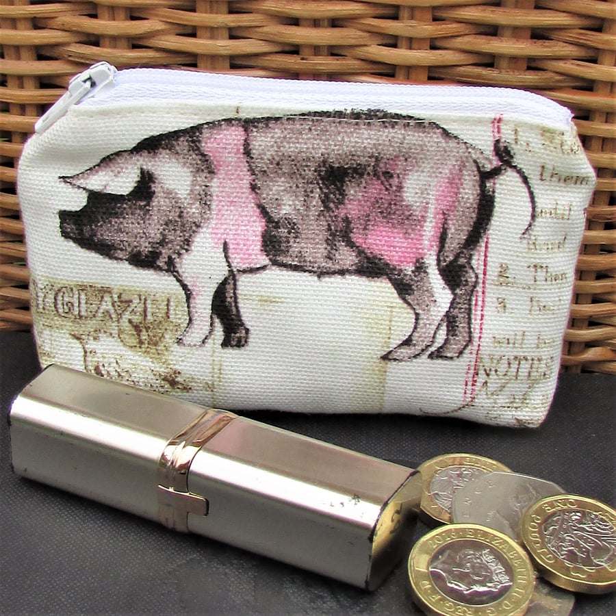 Small purse, coin purse - pale cream with pink and black pig