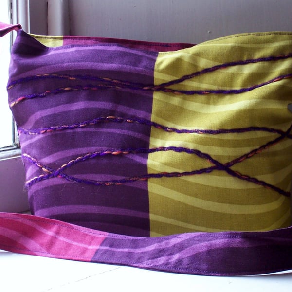 Soft textile zip fastening shoulder bag in purple, yellow and pink