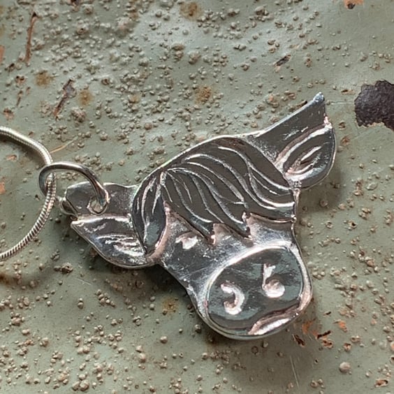Handmade Recycled Fine Silver Cow Pendant -  with 18" chain