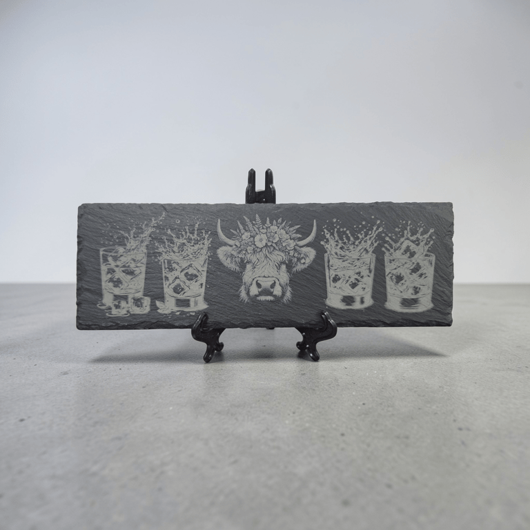Highland Cow Whisky Slate – Rustic Whisky Serving Board – Highland Cow Bar Decor