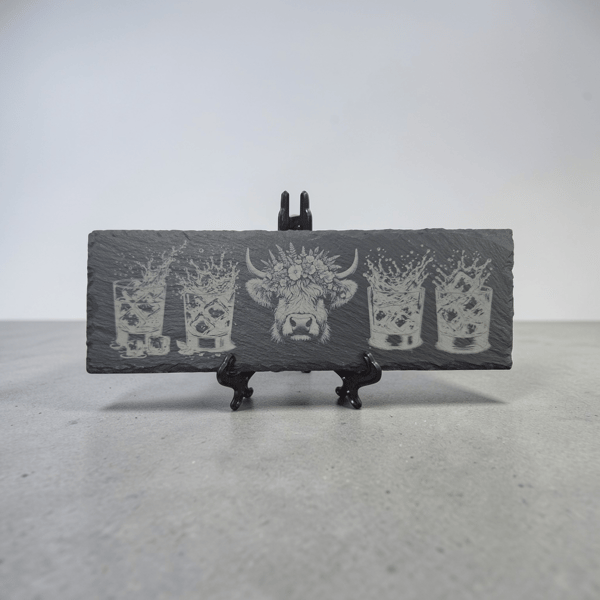 Highland Cow Whisky Slate – Rustic Whisky Serving Board – Highland Cow Bar Decor