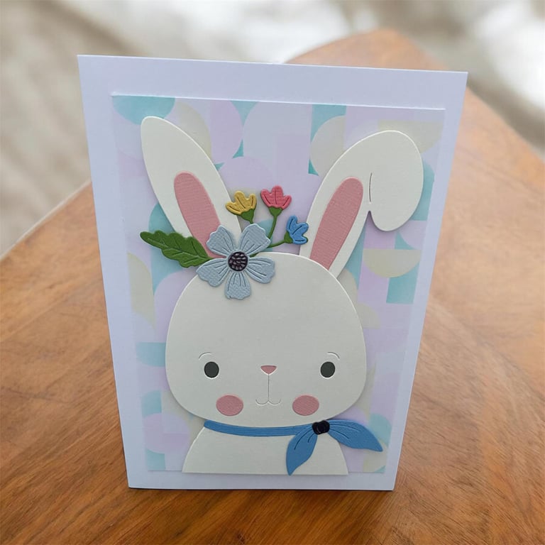 Spring Bunny Greetings Card Pastel Florals  and Hand Stencilled Background