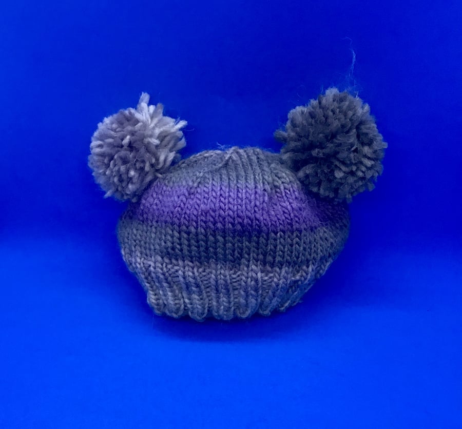 Double Pom Pom Hat Grey & purple 3-6 months