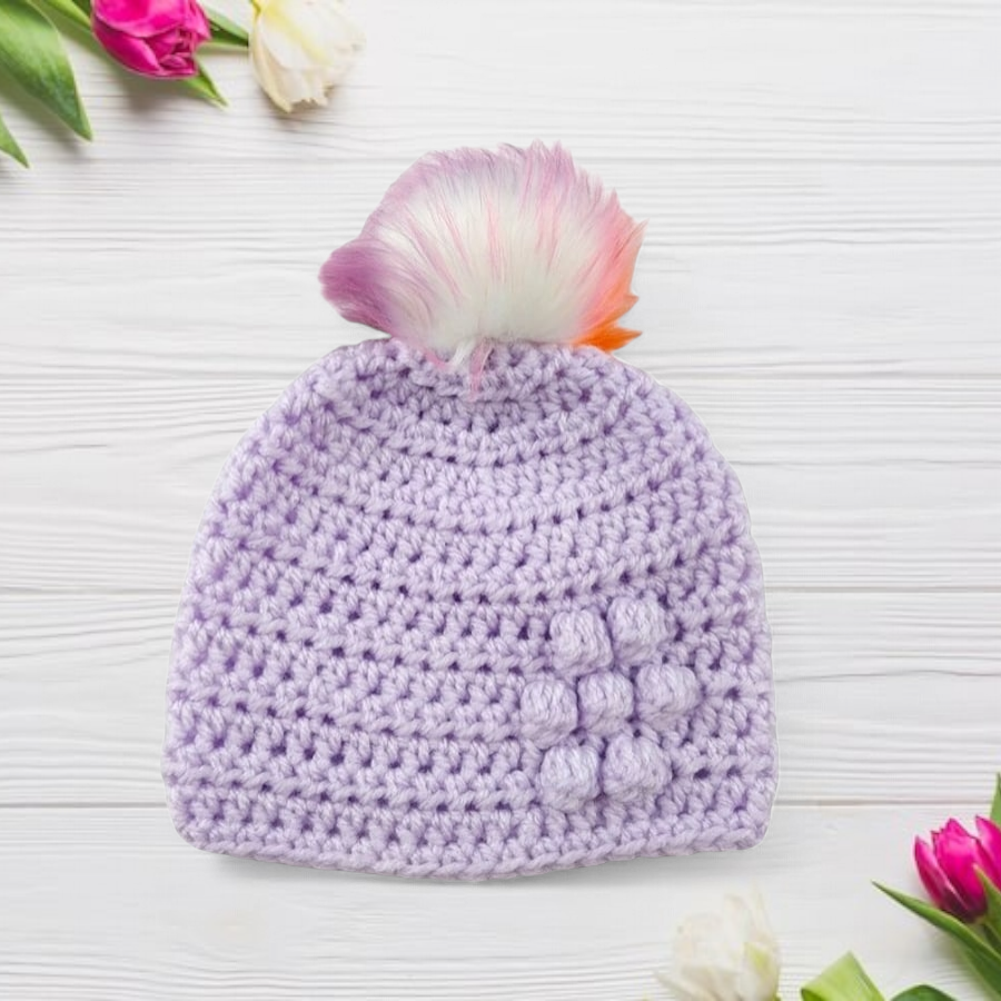 Lilac baby crocheted hat white faux fur pompom with orange purple & pink 